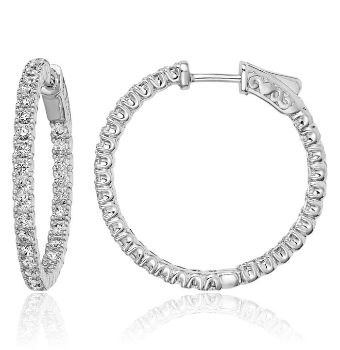 925 Sterling Silver 2mm Cubic Zirconia CZ Round Medium Hoop Earrings