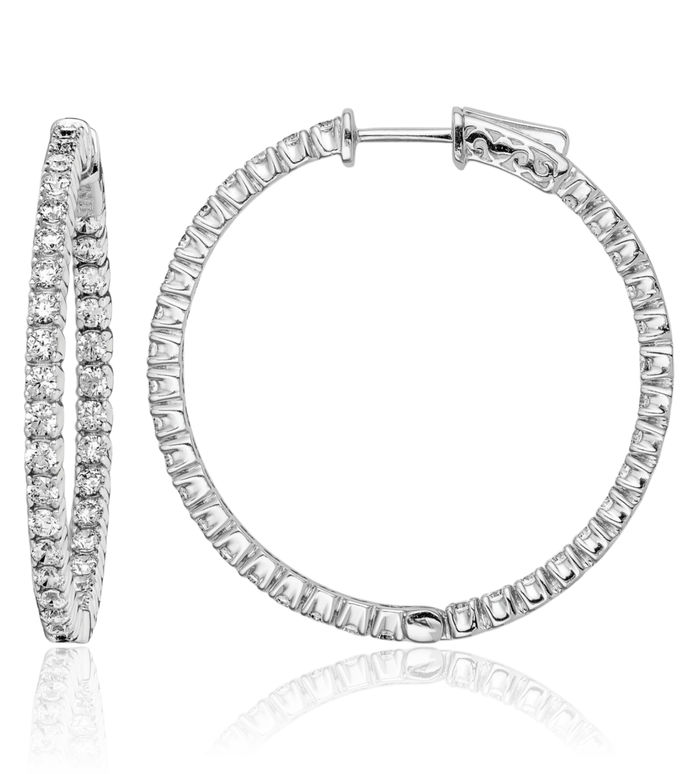 925 Sterling Silver 2mm Cubic Zirconia CZ Round Medium Hoop Earrings