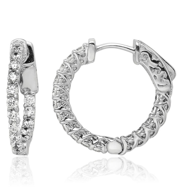 925 Sterling Silver 2mm Cubic Zirconia CZ Round Medium Hoop Earrings
