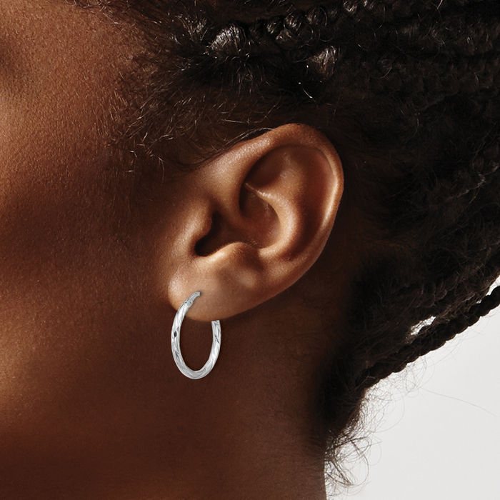925 Sterling Silver 2mm Round Medium Hoop Earrings