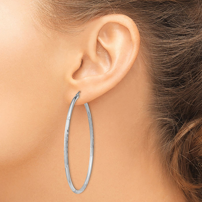 925 Sterling Silver 2mm Round Large Hoop Earrings