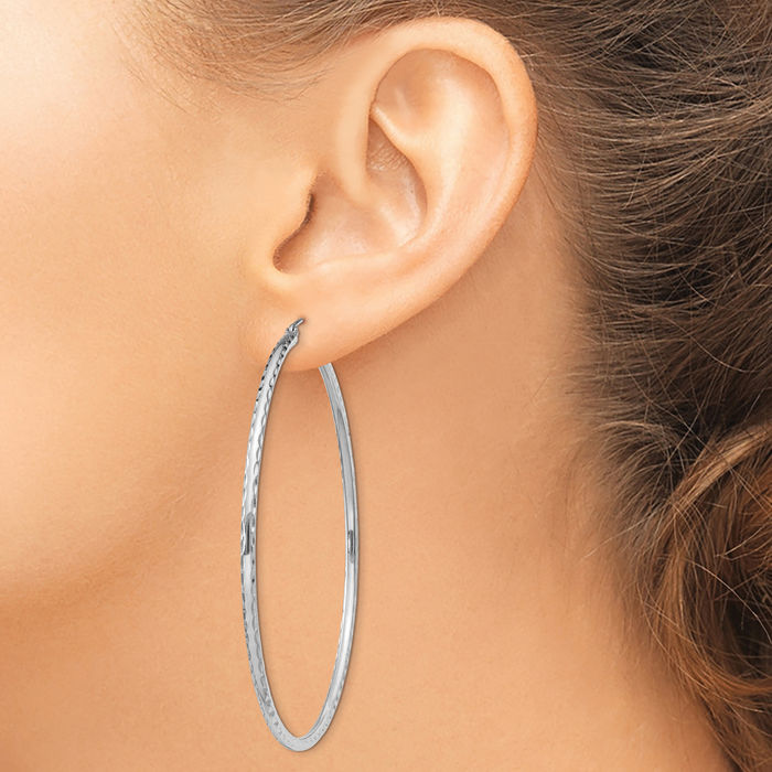 925 Sterling Silver 2mm Round Large Hoop Earrings