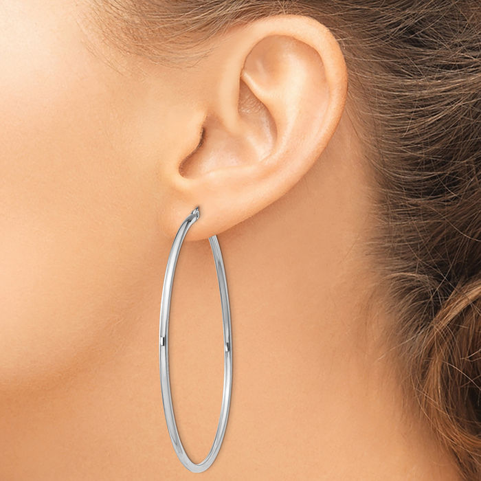 925 Sterling Silver 2mm Round Large Hoop Earrings
