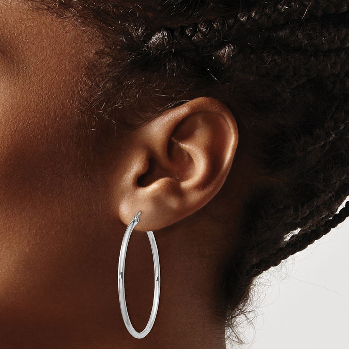 925 Sterling Silver 2mm Round Large Hoop Earrings