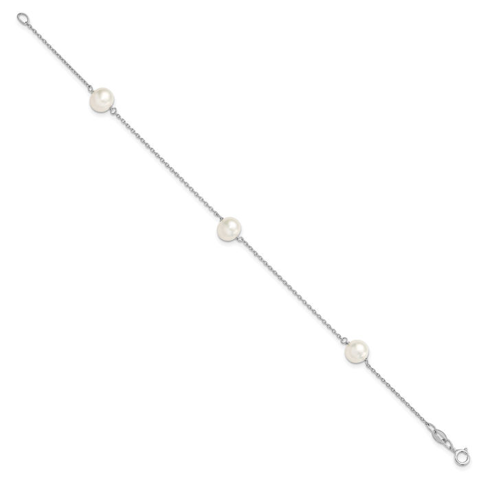 925 Sterling Silver 7mm White Round Freshwater Cultured Pearl 3 Station Chain Bracelet