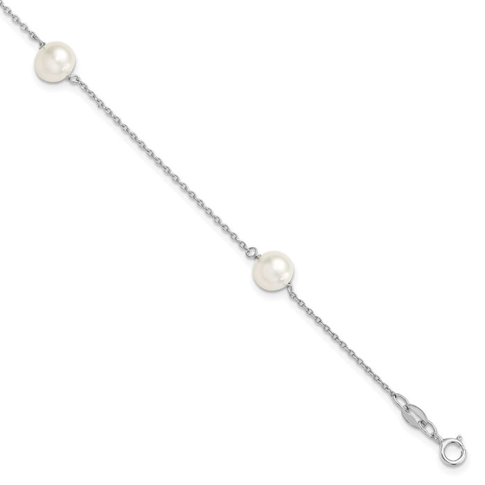 925 Sterling Silver 7mm White Round Freshwater Cultured Pearl 3 Station Chain Bracelet