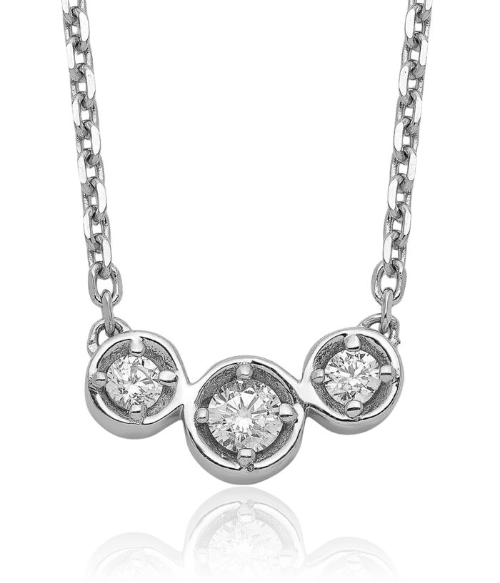 925 Sterling Silver 3 Stone Cubic Zirconia CZ Chain Necklace