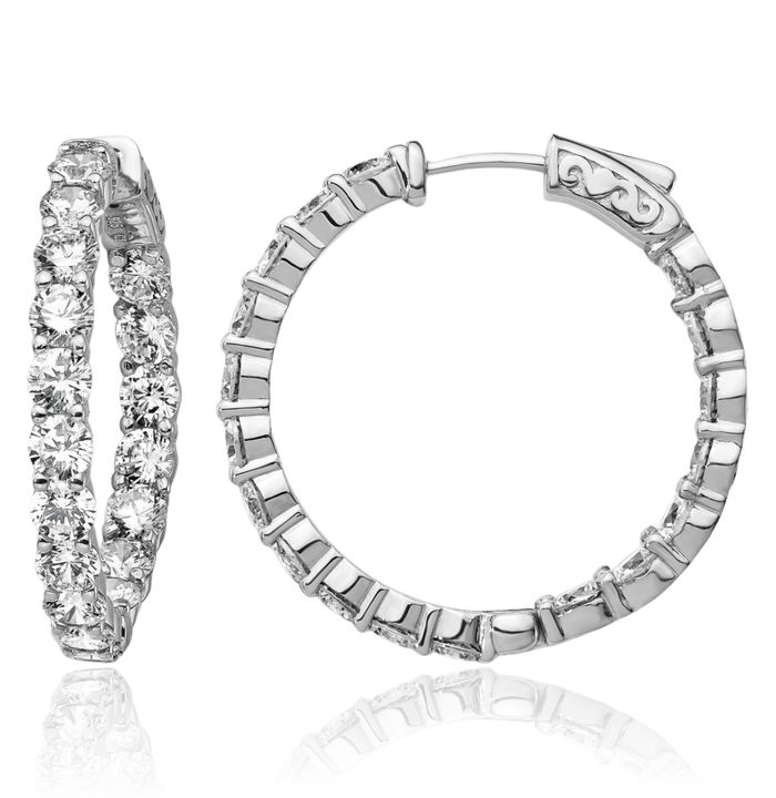 925 Sterling Silver 3.5mm Cubic Zirconia CZ Round Medium Hoop Earrings