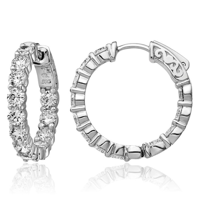 925 Sterling Silver 3.5mm Cubic Zirconia CZ Round Medium Hoop Earrings