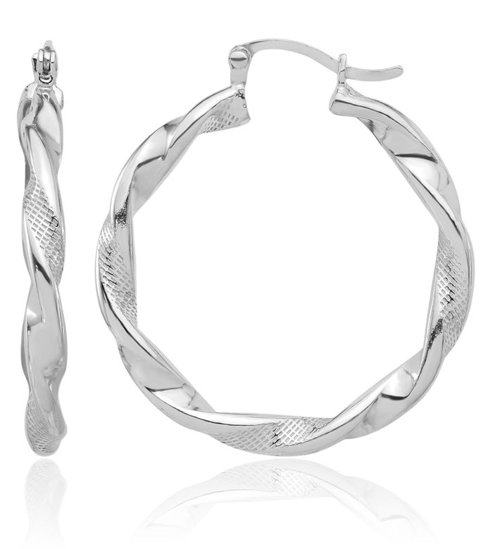 925 Sterling Silver 3.7mm Twisted Round Medium Hoop Earrings