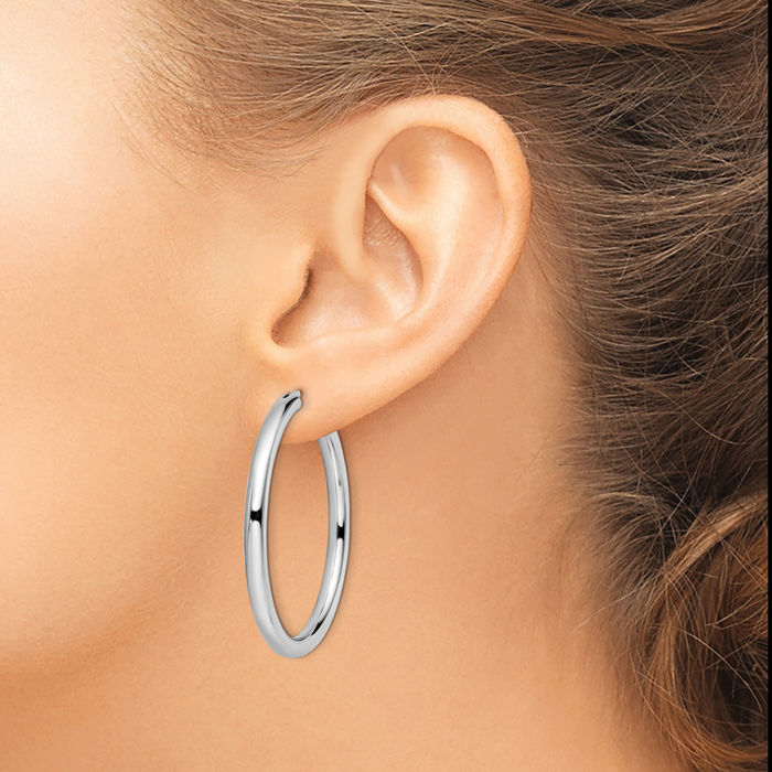 925 Sterling Silver 3.5mm Tube Round Large Hoop Earrings