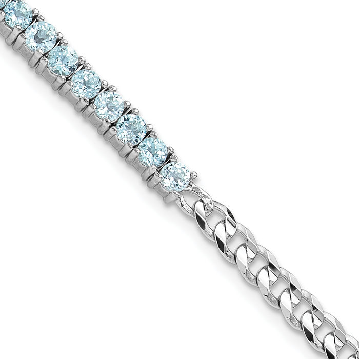 925 Sterling Silver 3mm Swiss Blue Topaz Curb Link Chain Bracelet