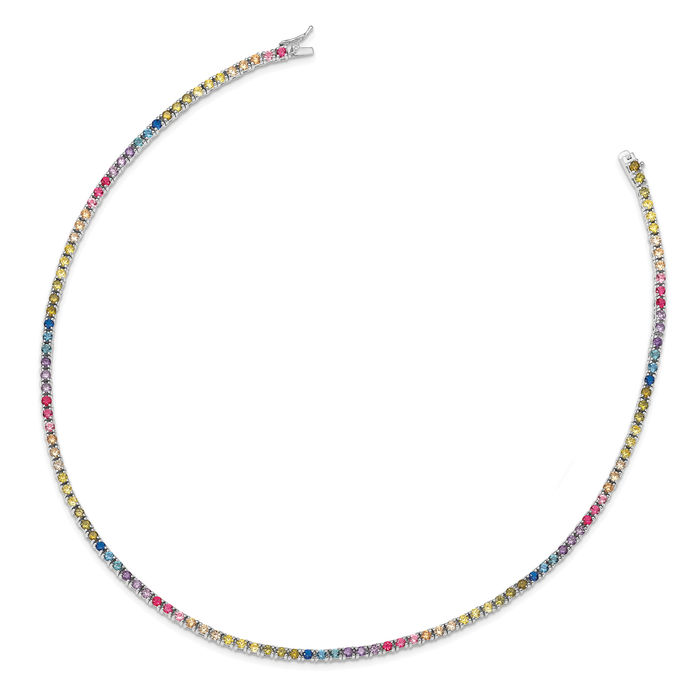 925 Sterling Silver 3mm Multi-color Cubic Zirconia CZ Chain Necklace