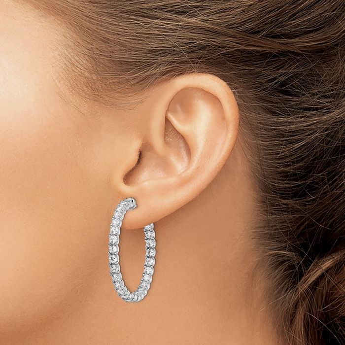 925 Sterling Silver 3mm Cubic Zirconia CZ Round Medium Hoop Earrings