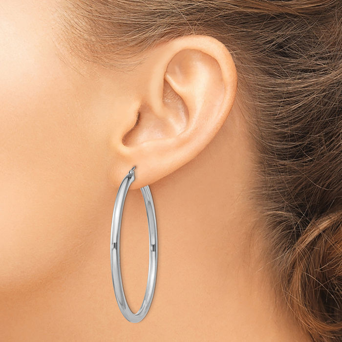 925 Sterling Silver 3mm Round Large Hoop Earrings