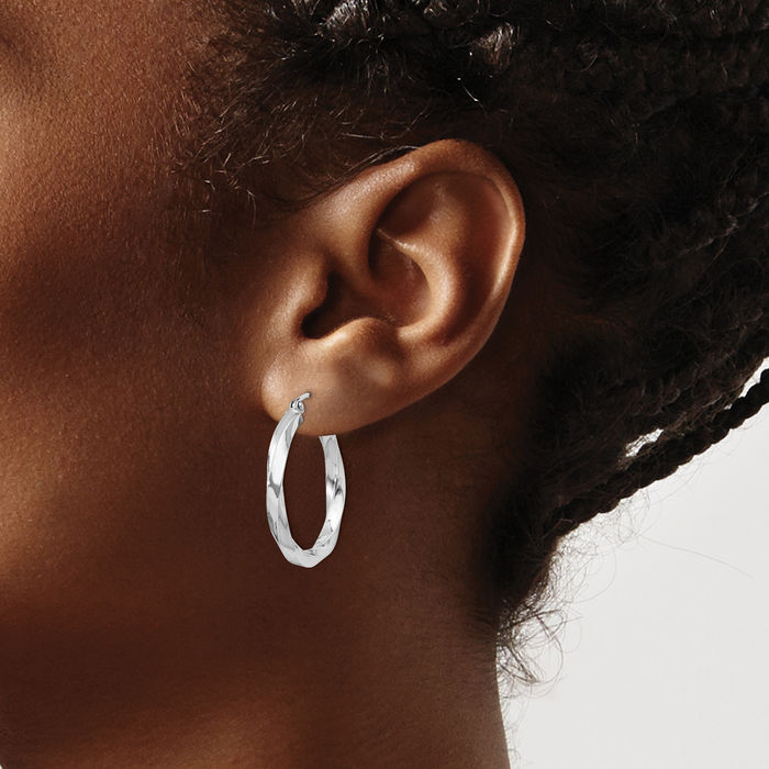 925 Sterling Silver Twisted Round Medium Hoop Earrings