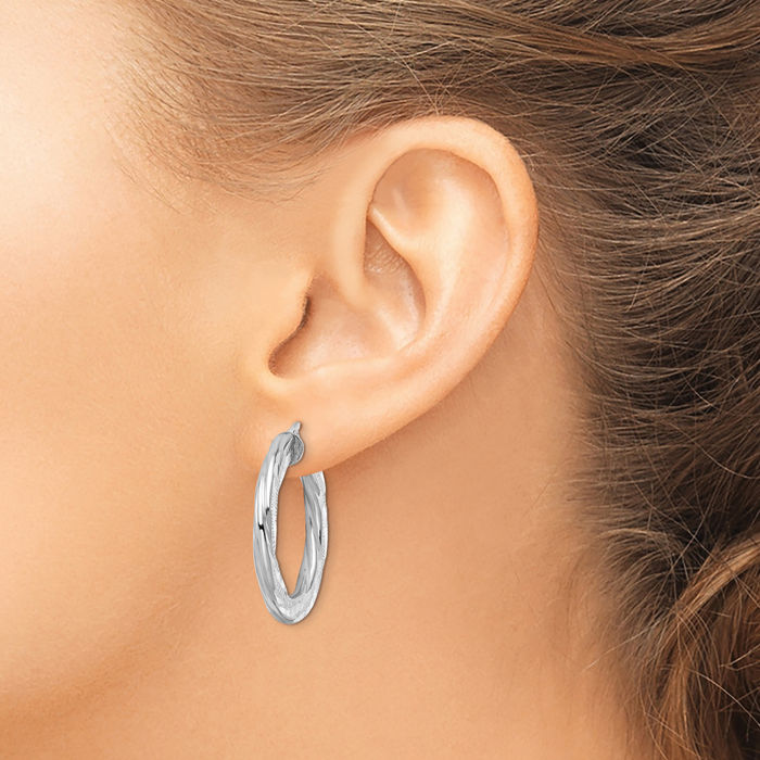 925 Sterling Silver Twisted Tube Round Medium Hoop Earrings