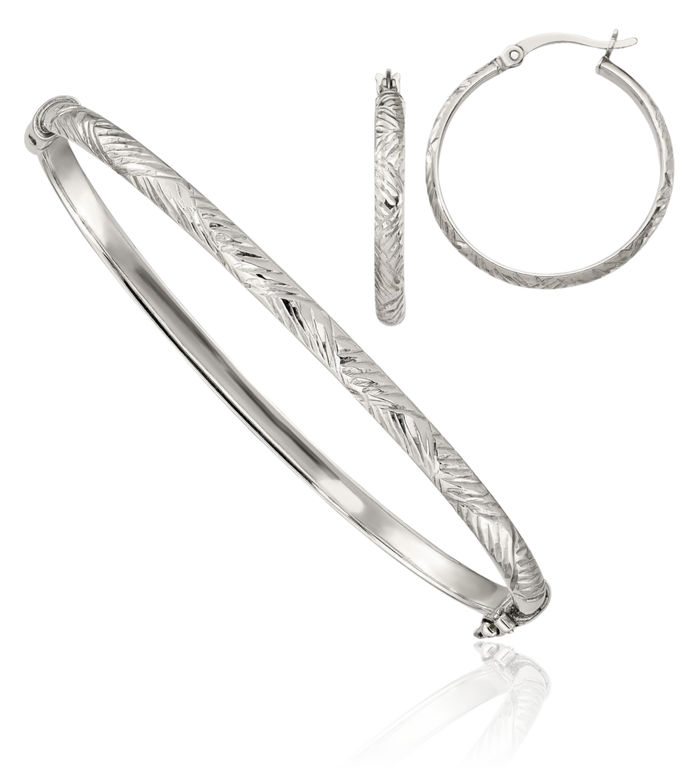 925 Sterling Silver 4mm Bangle Bracelet 3mm Hoop Earrings Set