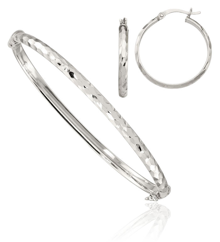 925 Sterling Silver 4mm Bangle Bracelet 3mm Hoop Earrings Set