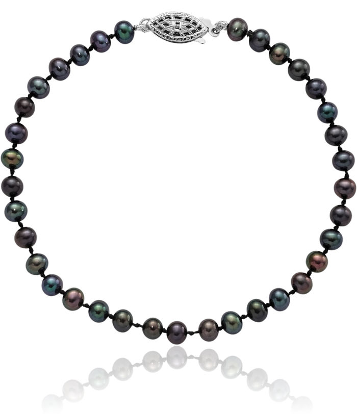 925 Sterling Silver 4mm Black Near Round Freshwater Cultured Pearl Chain Bracelet