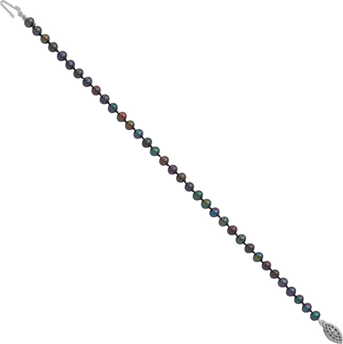 925 Sterling Silver 4mm Black Near Round Freshwater Cultured Pearl Chain Bracelet