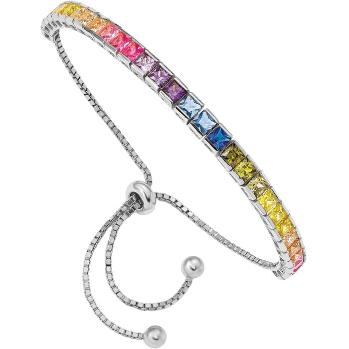 925 Sterling Silver 4mm Channel-set Multi-color Cubic Zirconia CZ Adjustable Bolo Wrap Bracelet