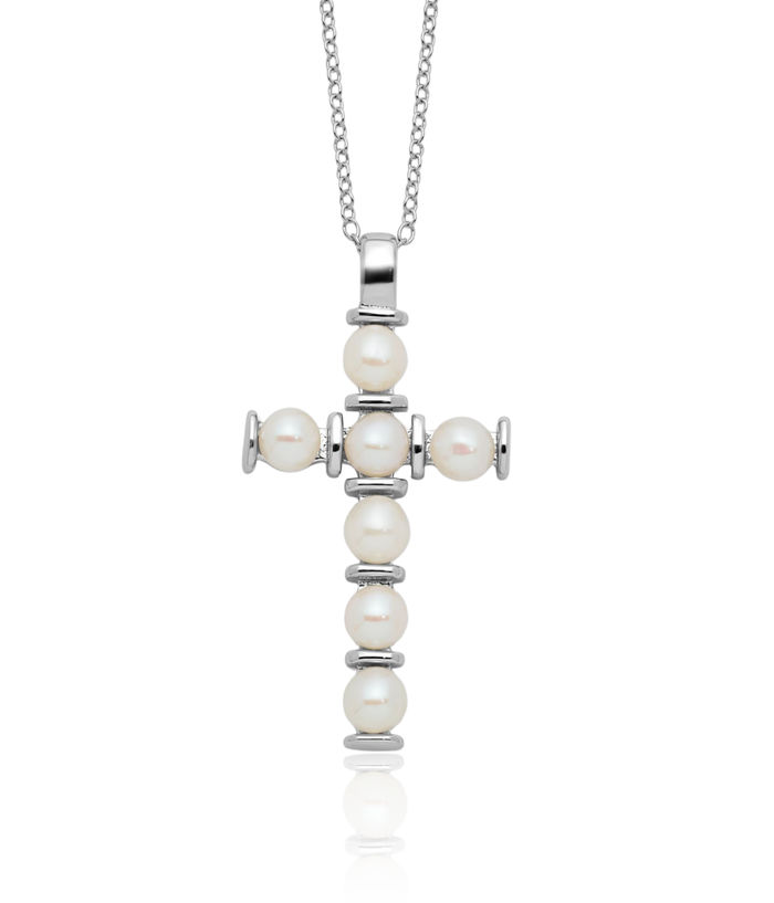 925 Sterling Silver 4mm Freshwater Cultured Pearl Latin Mexican Holy Cross Necklace Chain