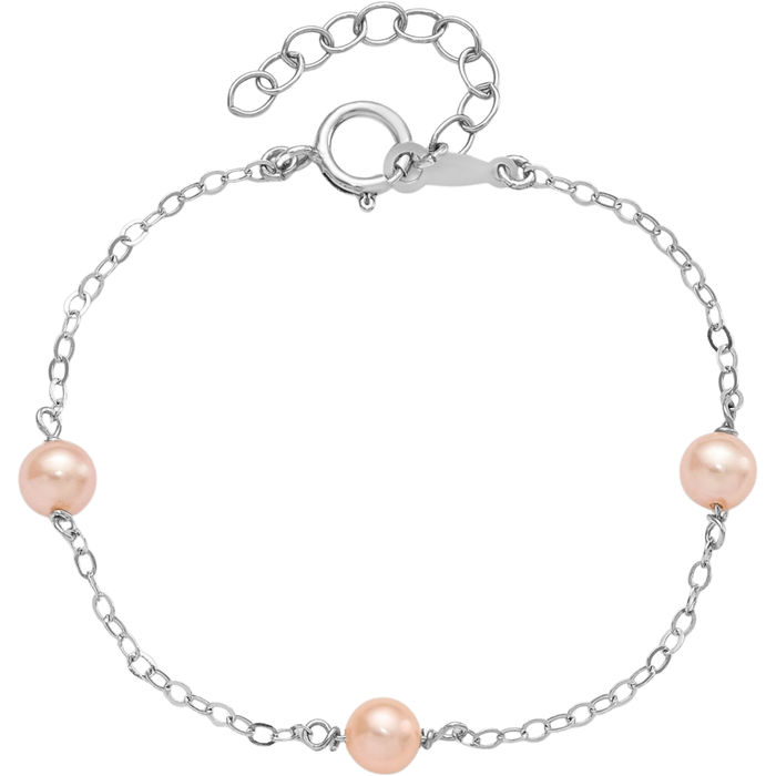 925 Sterling Silver 4mm Pink Round Freshwater Cultured Pearl 3 Station Chain Bracelet