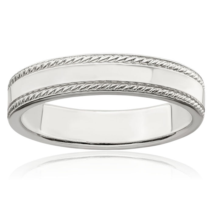 925 Sterling Silver 4mm Rope Edge Plain Classic Wedding Band Ring