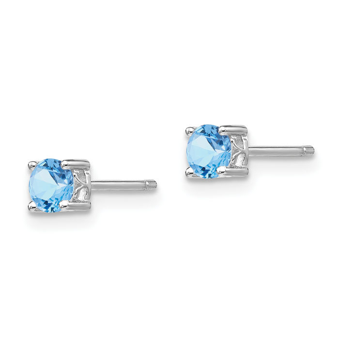 925 Sterling Silver 4mm Round Blue Aquamarine Stud Earrings Gemstone Post Push Back March Birthstone Jewelry