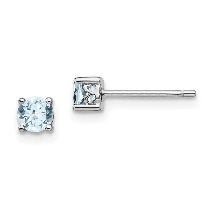 925 Sterling Silver 4mm Round Blue Aquamarine Stud Earrings Gemstone Post Push Back March Birthstone Jewelry