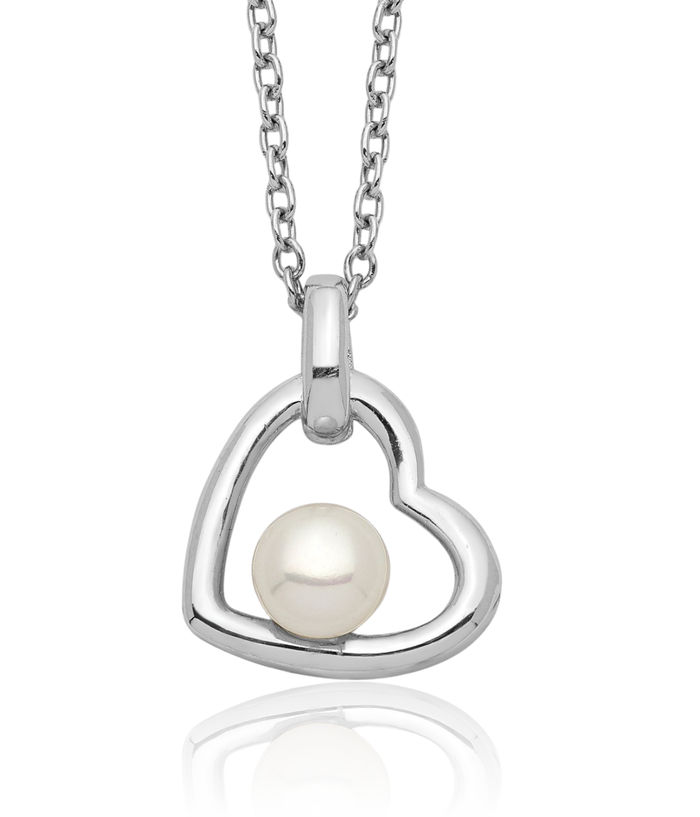 925 Sterling Silver 4mm White Button Freshwater Cultured Pearl Heart Necklace Love Pendant Friendship Charm Chain