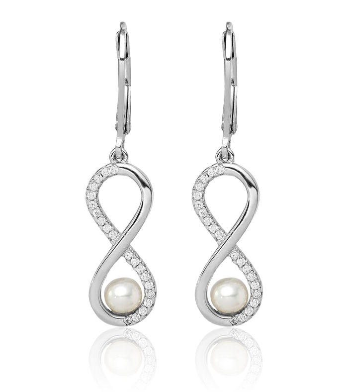 925 Sterling Silver 4mm White Freshwater Cultured Pearl Cubic Zirconia CZ Infinity Twisted Love Knot Symbol Drop Dangle Earrings