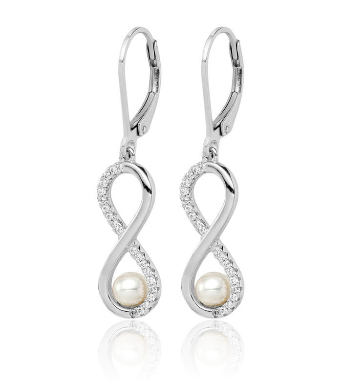 925 Sterling Silver 4mm White Freshwater Cultured Pearl Cubic Zirconia CZ Infinity Twisted Love Knot Symbol Drop Dangle Earrings