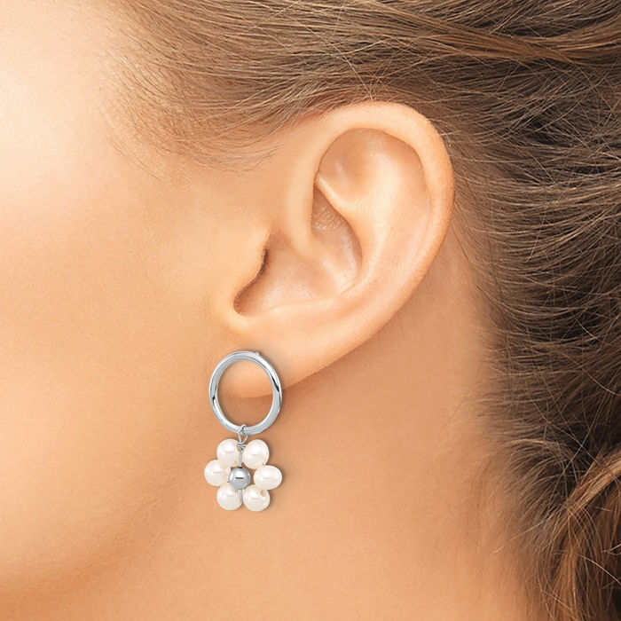 925 Sterling Silver 4mm White Round Freshwater Cultured Pearl Flower Post Drop Dangle Earrings