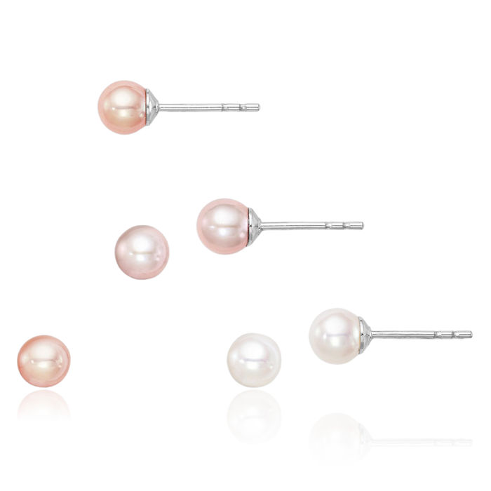 925 Sterling Silver 4mm White Pink Purple Round Freshwater Cultured Pearl Set of 3 Stud Earrings