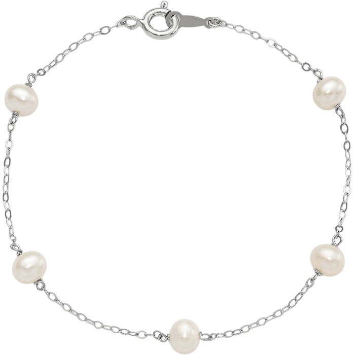 925 Sterling Silver 4mm White Round Freshwater Cultured Pearl 5 Station Chain Bracelet