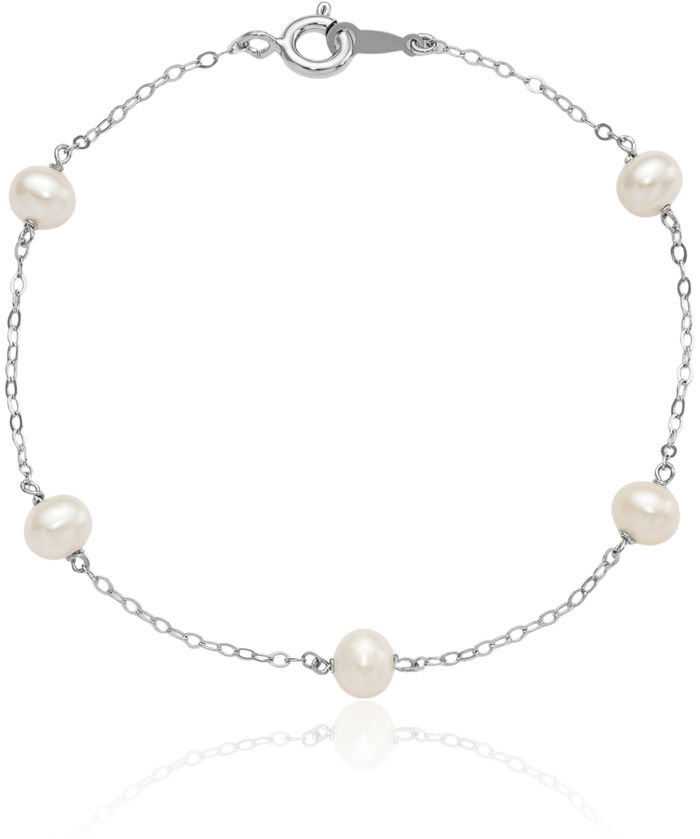 925 Sterling Silver 4mm White Round Freshwater Cultured Pearl 5 Station Chain Bracelet