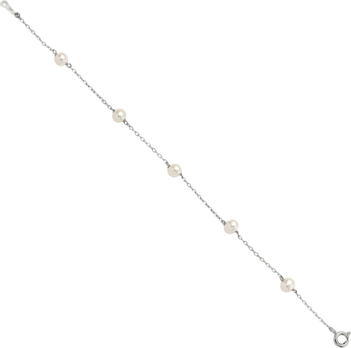 925 Sterling Silver 4mm White Round Freshwater Cultured Pearl 5 Station Chain Bracelet