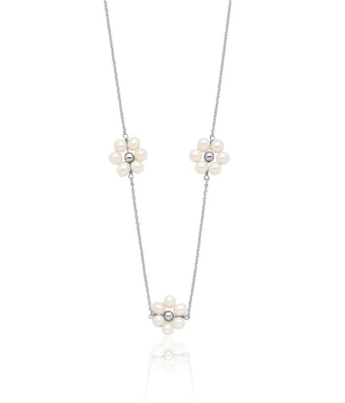 925 Sterling Silver 4mm White Round Freshwater Cultured Pearl Flower Necklace Chain