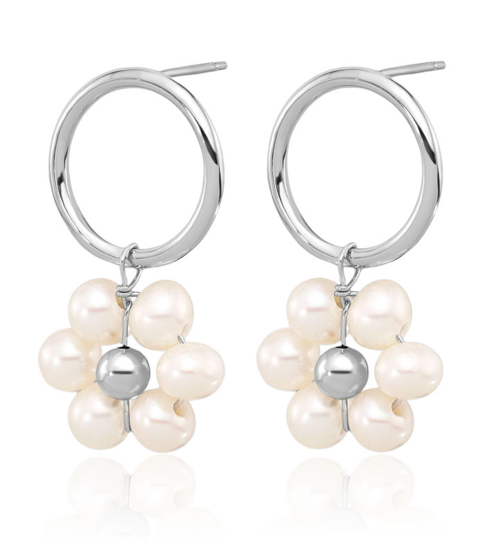 925 Sterling Silver 4mm White Round Freshwater Cultured Pearl Flower Post Drop Dangle Earrings