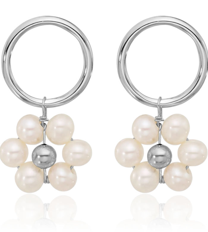 925 Sterling Silver 4mm White Round Freshwater Cultured Pearl Flower Post Drop Dangle Earrings