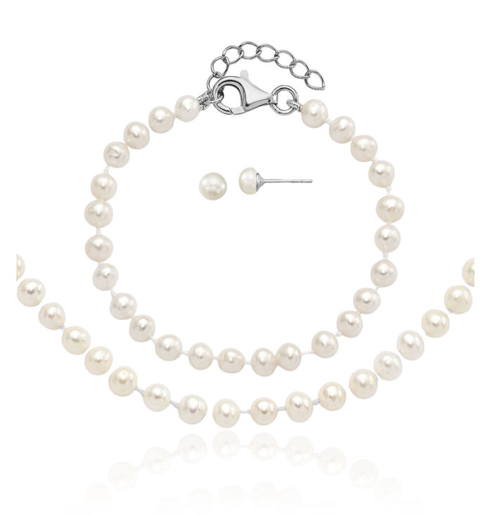 925 Sterling Silver 4mm White Round Freshwater Cultured Pearl Necklace Chain Bracelet Stud Earrings Set