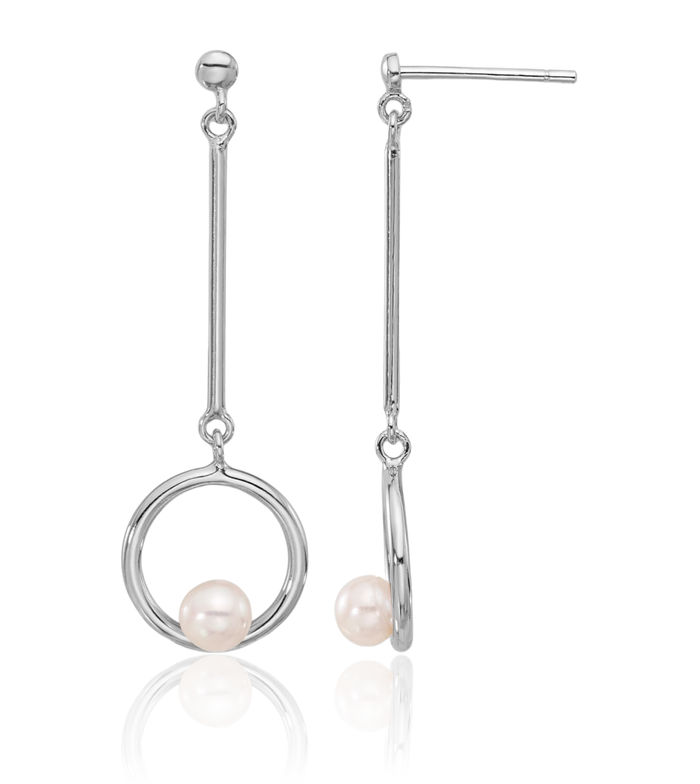 925 Sterling Silver 4mm White Round Freshwater Cultured Pearl Post Drop Dangle Earrings