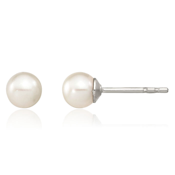 925 Sterling Silver 4mm White Round Freshwater Cultured Pearl Stud Earrings