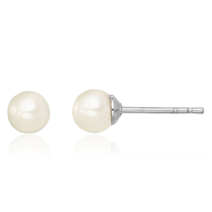 925 Sterling Silver 4mm White Round Freshwater Cultured Pearl Stud Earrings