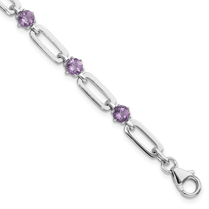 925 Sterling Silver 5mm Purple Amethyst Paperclip Cable Rolo Link Chain Bracelet