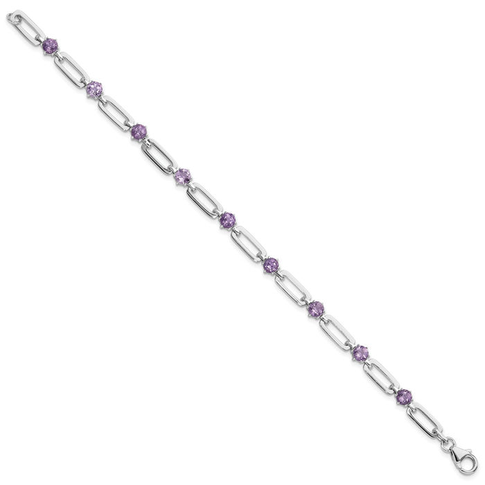 925 Sterling Silver 5mm Purple Amethyst Paperclip Cable Rolo Link Chain Bracelet