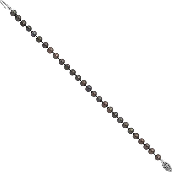 925 Sterling Silver 5mm Black Near Round Freshwater Cultured Pearl Chain Bracelet