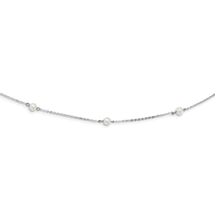 925 Sterling Silver 4mm White Near Round Freshwater Cultured Pearl 9 Station Necklace Chain